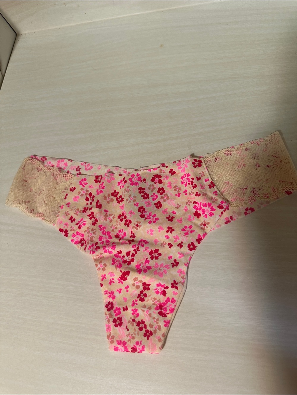 Victoria’s Secret  Floral Lace-Trim Thong Panty - Pink